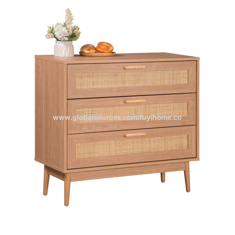 Kommode mit 3 Schubladen, Rattan-Kommode für Schlafzimmer, Boho-Holzschränke zur Aufbewahrung, Eck-Nachttisch für Schlafzimmer, Wohnzimmer, Eingangsbereich