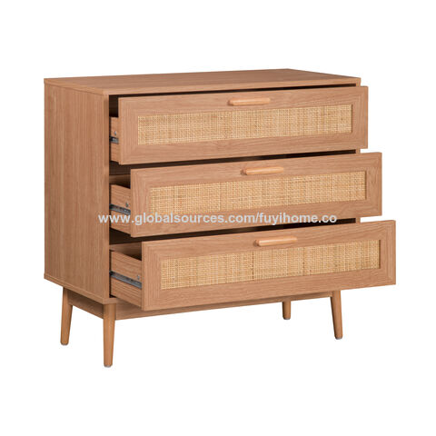 Kommode mit 3 Schubladen, Rattan-Kommode für Schlafzimmer, Boho-Holzschränke zur Aufbewahrung, Eck-Nachttisch für Schlafzimmer, Wohnzimmer, Eingangsbereich