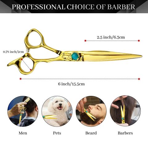 Tijeras de peluquería doradas de 6.0 pulgadas, tijeras planas, tijeras de entresacar, tijeras de peluquería para mascotas, suministro de peluquería