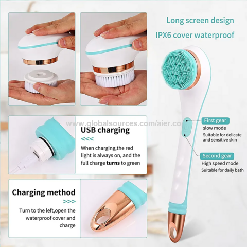 Vente en gros OEM ODM 4 EN 1 Brosse de Bain et Corps Électrique Rechargeable Ensemble de Brosses sans Fil Brosse de Douche à Long Manche