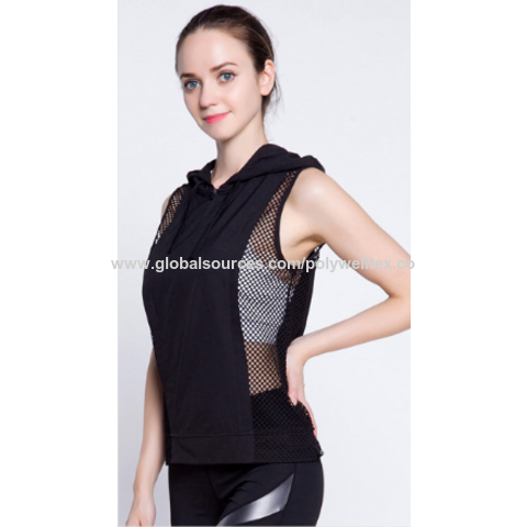 Débardeur de sport femme patchwork en maille, gilet d'entraînement respirant à capuche, chemise de yoga sans manches pour fitness
