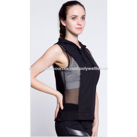 Débardeur de sport femme patchwork en maille, gilet d'entraînement respirant à capuche, chemise de yoga sans manches pour fitness