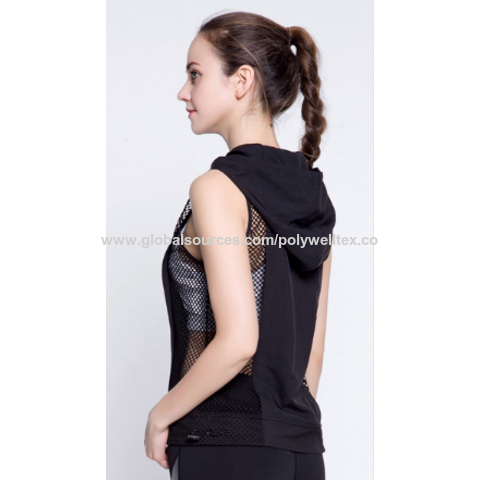 Débardeur de sport femme patchwork en maille, gilet d'entraînement respirant à capuche, chemise de yoga sans manches pour fitness