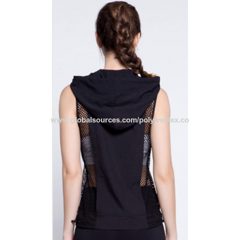 Débardeur de sport femme patchwork en maille, gilet d'entraînement respirant à capuche, chemise de yoga sans manches pour fitness
