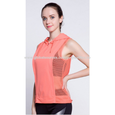 Débardeur de sport femme patchwork en maille, gilet d'entraînement respirant à capuche, chemise de yoga sans manches pour fitness