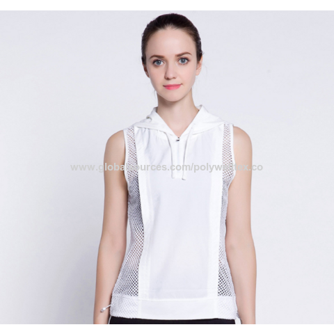 Débardeur de sport femme patchwork en maille, gilet d'entraînement respirant à capuche, chemise de yoga sans manches pour fitness