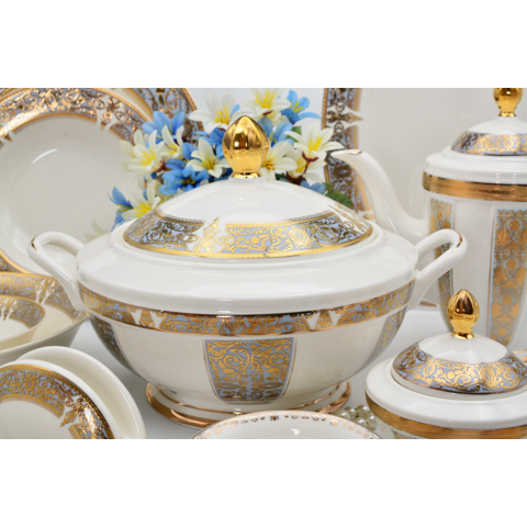 98-teiliges europäisches Luxus-Geschirrset im klassischen Stil aus hochwertigem Bone China mit Teeservice