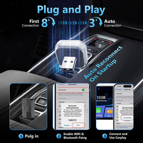 Adaptor Carplay Nirkabel 2 in 1, Ubah Carplay Berkabel menjadi Nirkabel, Desain USB Mini untuk iOS 10 Android 11 dan Lebih Tinggi, Silver
