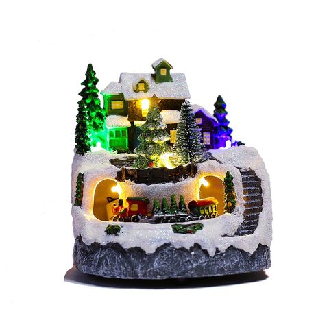 Decoração de edifícios colecionáveis de Natal por atacado com trem giratório, 8 músicas e luz LED para decoração de casa de Natal, presente de Papai Noel