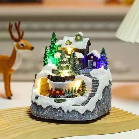 Decoração de edifícios colecionáveis de Natal por atacado com trem giratório, 8 músicas e luz LED para decoração de casa de Natal, presente de Papai Noel