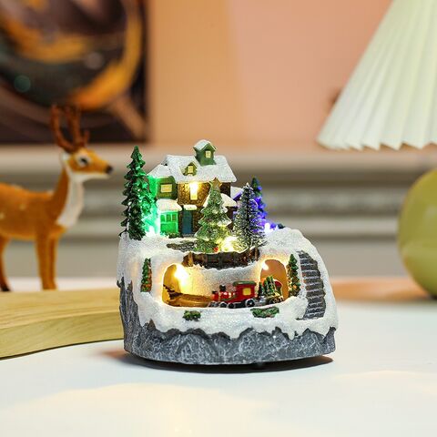 Decoração de edifícios colecionáveis de Natal por atacado com trem giratório, 8 músicas e luz LED para decoração de casa de Natal, presente de Papai Noel