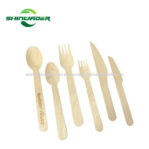 Ensemble de couverts jetables biodégradables en bois de bouleau de couleur naturelle lisse - Cuillère, fourchette et couteau