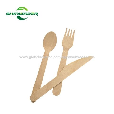 Ensemble de couverts jetables biodégradables en bois de bouleau de couleur naturelle lisse - Cuillère, fourchette et couteau