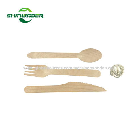 Ensemble de couverts jetables biodégradables en bois de bouleau de couleur naturelle lisse - Cuillère, fourchette et couteau