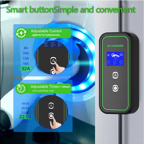 أفضل سعر مقاوم للماء 16A 32A 40A نوع قابل للتعديل 2 1 GBT شاحن EV محمول مع شاشة LCD لسيارة EVSE 7KW