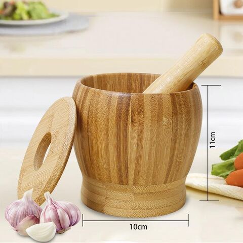 Presse-ail en bambou naturel pur, presse-ail manuelle sûre pour la maison, mortier en bois de bambou de qualité supérieure et tasse à piler pour médicaments