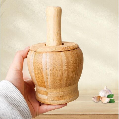 Presse-ail en bambou naturel pur, presse-ail manuelle sûre pour la maison, mortier en bois de bambou de qualité supérieure et tasse à piler pour médicaments