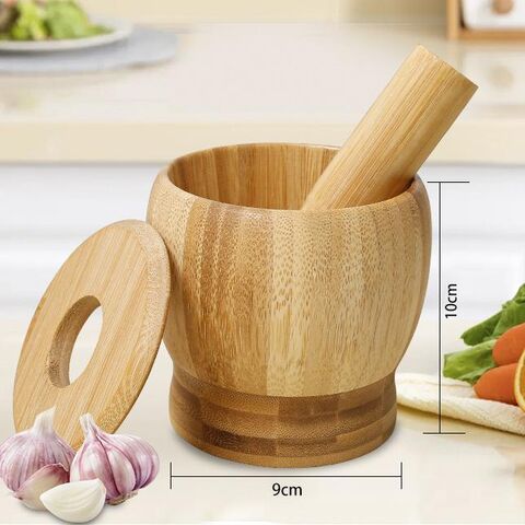 Presse-ail en bambou naturel pur, presse-ail manuelle sûre pour la maison, mortier en bois de bambou de qualité supérieure et tasse à piler pour médicaments