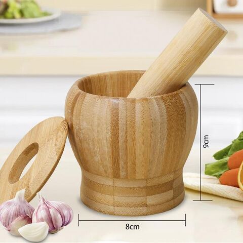 Presse-ail en bambou naturel pur, presse-ail manuelle sûre pour la maison, mortier en bois de bambou de qualité supérieure et tasse à piler pour médicaments