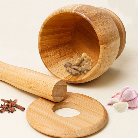 Presse-ail en bambou naturel pur, presse-ail manuelle sûre pour la maison, mortier en bois de bambou de qualité supérieure et tasse à piler pour médicaments