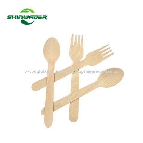 Ensemble de couverts jetables biodégradables en bois de bouleau de couleur naturelle lisse - Cuillère, fourchette et couteau