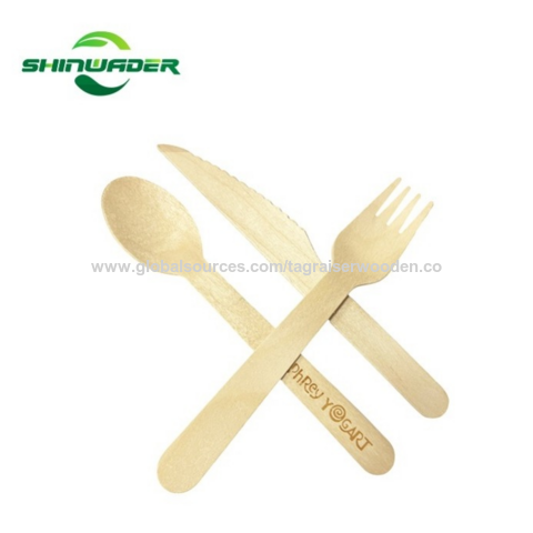 Fourchette et cuillère en bois jetables pour restaurant avec marquage à chaud personnalisé pour branding