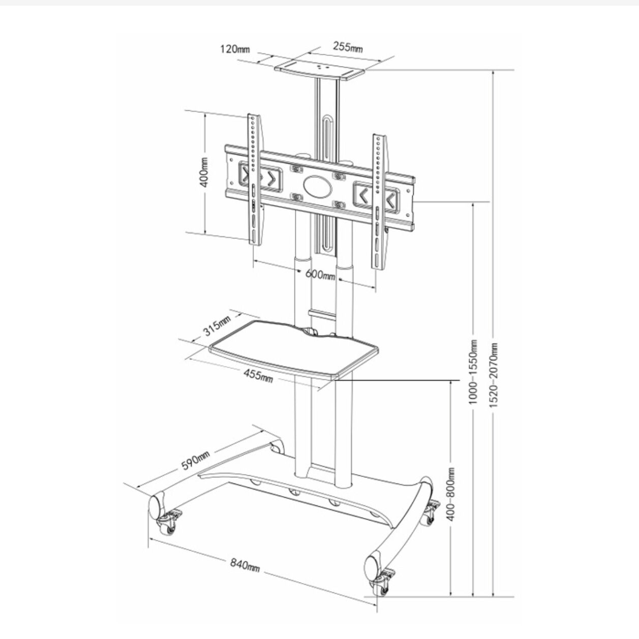 Tv Rack Movable Dimensions Mobile Tv Cart Height-adjustable Vesa 600*400mm Cold Rolled Steel For ...