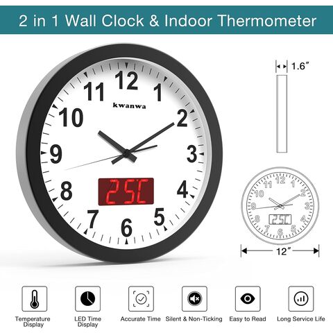 Jam Dinding Grosir 12" dengan Suhu, Tidak Berdetak, Bertenaga Baterai, Tampilan Waktu LED Digital, untuk Dapur Kantor Perak