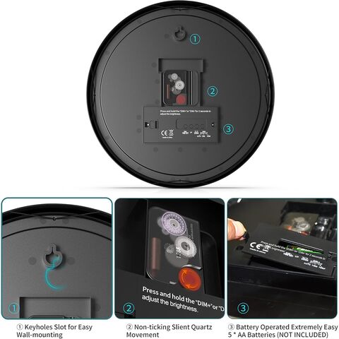 Jam Dinding Grosir 12" dengan Suhu, Tidak Berdetak, Bertenaga Baterai, Tampilan Waktu LED Digital, untuk Dapur Kantor Perak