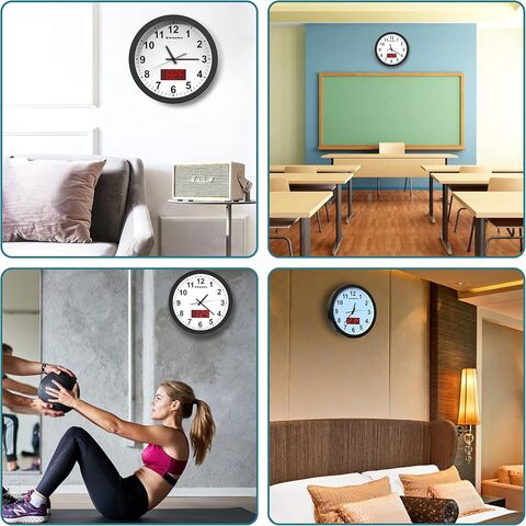 Jam Dinding Grosir 12" dengan Suhu, Tidak Berdetak, Bertenaga Baterai, Tampilan Waktu LED Digital, untuk Dapur Kantor Perak