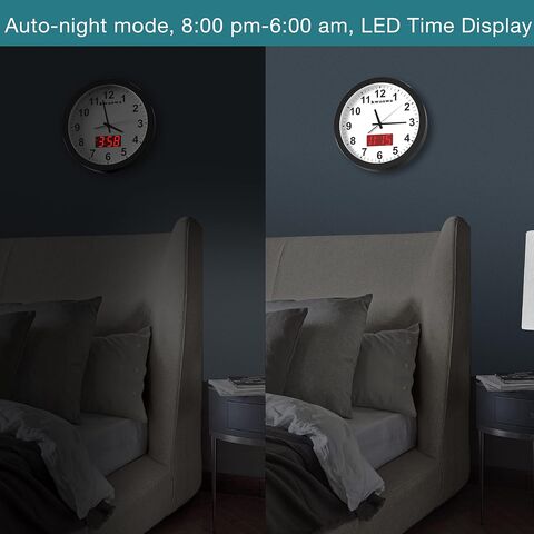 Jam Dinding Grosir 12" dengan Suhu, Tidak Berdetak, Bertenaga Baterai, Tampilan Waktu LED Digital, untuk Dapur Kantor Perak