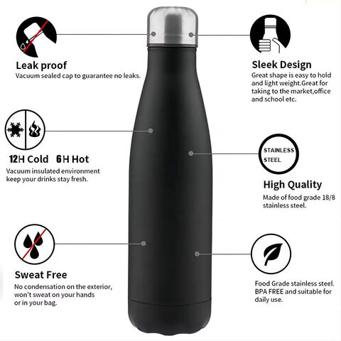 Botella de agua aislada de doble pared al vacío con forma de cola, color brillante, 500 ml, sin BPA, para camping y gimnasio