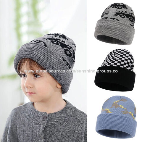 Nouveaux bonnets d'hiver pour enfants garçons, motif dinosaure à carreaux, jacquard de voiture, bonnet chaud en laine d'hiver, bonnets d'hiver pour enfants