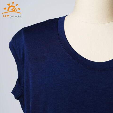 T-shirt en laine mérinos pour femme OEM 18.5MIC 85% en gros, conception sans manches respirante avec style de couleur unie pour l'été