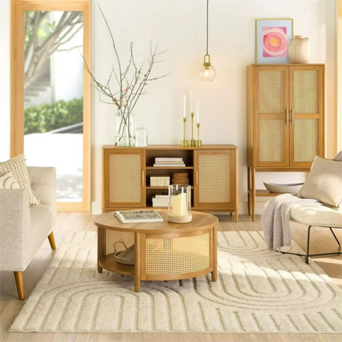Großhandel Möbel Wohnzimmer Eingangsbereich MDF Holz Medienkonsole TV Tisch Ständer Schrank mit Rattantür