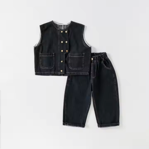 Fabrikdirektvertrieb Schwarzes Baumwoll-Polyester-Set, ärmellose Weste, Top, Hose, Unisex-Kinderbekleidung