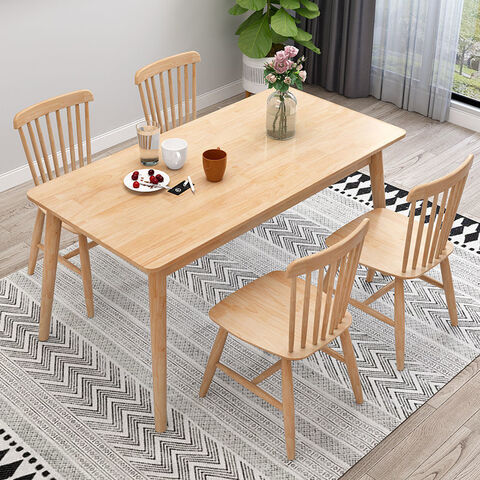 Mesa de comedor de madera maciza, juego de mesa y sillas para hogar pequeño, mesa rectangular en color madera natural.