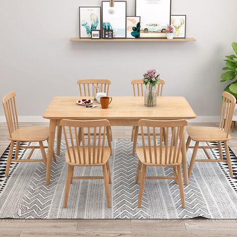 Mesa de comedor de madera maciza, juego de mesa y sillas para hogar pequeño, mesa rectangular en color madera natural.
