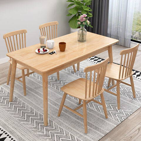 Mesa de comedor de madera maciza, juego de mesa y sillas para hogar pequeño, mesa rectangular en color madera natural.