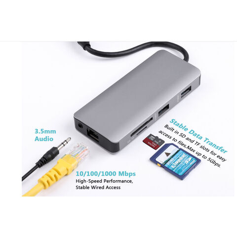 Hub USB C, Adaptador 9 em 1, USB 3.0, HDMI, Áudio, VGA, RJ45, Leitor de cartão SD/TF, Carregador PD 100W