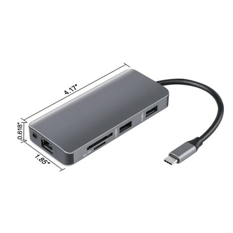 Hub USB C, Adaptador 9 em 1, USB 3.0, HDMI, Áudio, VGA, RJ45, Leitor de cartão SD/TF, Carregador PD 100W
