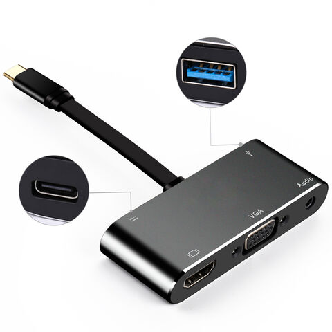 Adaptador Hub Tipo C 5 em 1, USB 3.0, VGA, HDMI 1080P, Jack de 3.5mm, Carregador PD