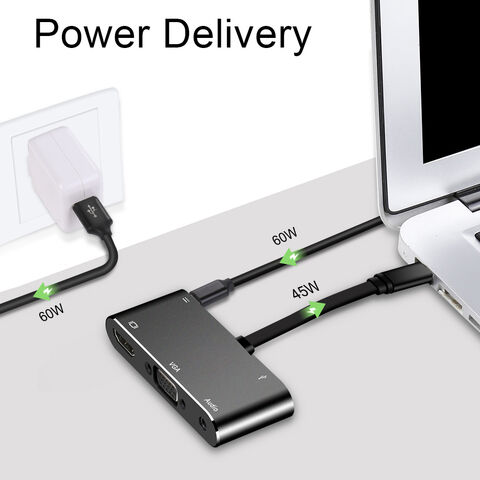 Adaptador Hub Tipo C 5 em 1, USB 3.0, VGA, HDMI 1080P, Jack de 3.5mm, Carregador PD