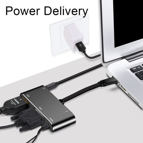 Adaptador Hub Tipo C 5 em 1, USB 3.0, VGA, HDMI 1080P, Jack de 3.5mm, Carregador PD