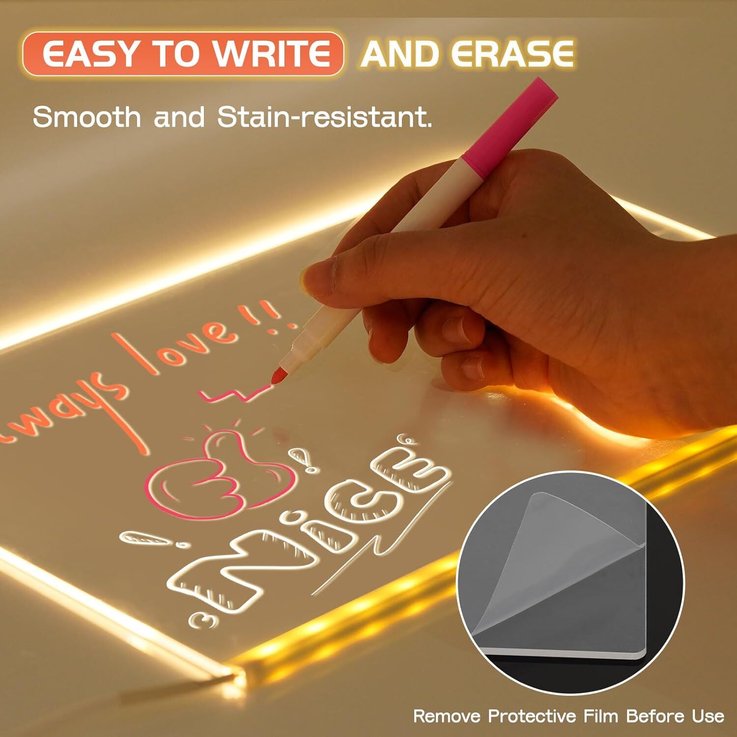 Lumiboard LED Drawing Board, Doodle Glow Drawing Board, LED Note Board Colors Acrylic Dry Erase Boards Soft Eye Protection Light Personalized Led Note - View #8