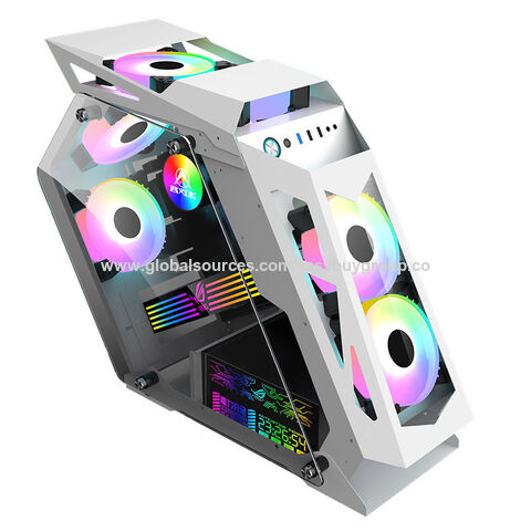 Gaming-PC-Gehäuse in spezieller Form, personalisiertes E-Sport-Desktop-Gehäuse mit transparenter Seite, 4 Lüftern und 4 Lichtleisten in Standardgröße für Gaming-Computer.