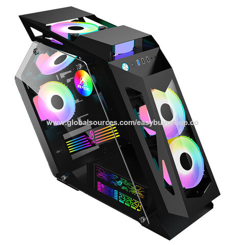 Gaming-PC-Gehäuse in spezieller Form, personalisiertes E-Sport-Desktop-Gehäuse mit transparenter Seite, 4 Lüftern und 4 Lichtleisten in Standardgröße für Gaming-Computer.