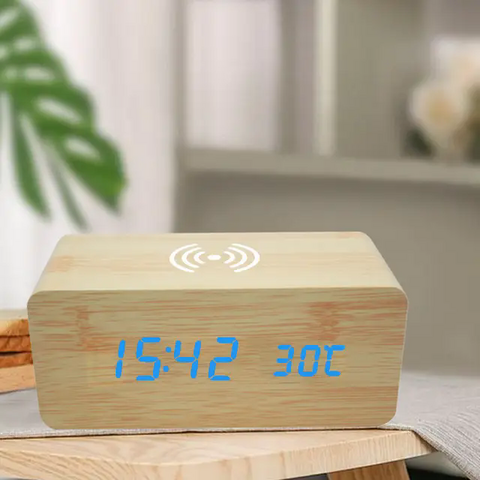 Intelligenter digitaler LED-Wecker mit kabellosem Ladegerät, Thermometer und Zeitanzeige für Schlafzimmer, Meetings, Reisen, Hausaufgaben