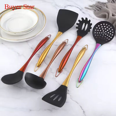 Buyer Star Hochwertiges 6-teiliges Küchenhelfer-Set aus Silikon mit Edelstahlgriff und Halter - Professionelle Küchenwerkzeuge