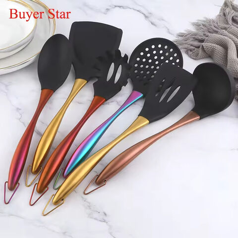 Buyer Star Hochwertiges 6-teiliges Küchenhelfer-Set aus Silikon mit Edelstahlgriff und Halter - Professionelle Küchenwerkzeuge